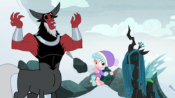 Size: 1920x1080 | Tagged: safe, screencap, cozy glow, lord tirek, queen chrysalis, centaur, changeling, changeling queen, pegasus, pony, frenemies (episode), g4, clothes, eyes closed, female, filly, foal, grogar's bell, hat, male, nose piercing, nose ring, piercing, septum piercing, trio, winter outfit