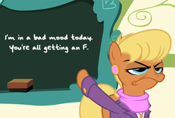 Size: 880x595 | Tagged: safe, edit, edited screencap, screencap, ms. harshwhinny, earth pony, pony, flight to the finish, g4, chalkboard, clothes, f, faic, female, frown, grumpy, mare, pointing, solo