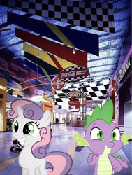 Size: 642x851 | Tagged: safe, editor:undeadponysoldier, spike, sweetie belle, dragon, pony, unicorn, g4, adorable face, advertisement, coca-cola, concord mills mall, cute, date, dragons in real life, excited, female, filly, happy, irl, male, mall, nascar, photo, ponies in real life, ship:spikebelle, shipping, straight