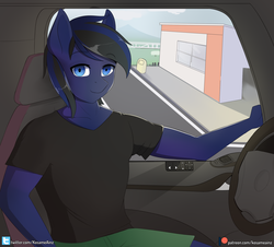Size: 2364x2136 | Tagged: safe, artist:axtkatze, oc, oc only, oc:kojach limeryn, anthro, anthro oc, high res, looking at you, male, patreon, patreon logo, smiling, solo, stallion, truck
