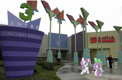 Size: 641x423 | Tagged: safe, editor:undeadponysoldier, spike, sweetie belle, dragon, human, pony, unicorn, g4, bedeath & beyond, concord mills mall, dragons in real life, female, filly, irl, irl human, male, mall, photo, ponies in real life, rain, ship:spikebelle, shipping, spike is not amused, straight, unamused, wet, wet mane