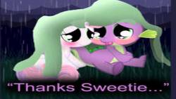 Size: 1280x720 | Tagged: safe, artist:dr-siren, spike, sweetie belle, g4, blushing, comic, cropped, crying, cute, female, lowres, male, needs more jpeg, quotation marks, rain, ship:spikebelle, shipping, sitting, spikelove, straight