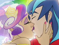 Size: 1024x768 | Tagged: safe, artist:thelivingmachine02, princess cadance, shining armor, human, g4, 2012, colored, eyes closed, female, flower, flower in hair, humanized, husband and wife, kiss on the lips, kissing, male, marriage, ship:shiningcadance, shipping, smiling, straight, wedding