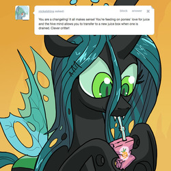 Size: 800x800 | Tagged: safe, artist:askthejuicebox, artist:docwario, queen chrysalis, oc, oc:juice box, changeling, changeling queen, g4, drinking, dying, female, implied death, juice, juice box, orange background, pineapple juice, simple background