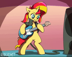 Size: 1000x800 | Tagged: safe, artist:rockset, idw, sunset shimmer, pony, unicorn, g4, spoiler:comic, spoiler:comic79, animated, bipedal, clothes, cute, female, frame by frame, gif, guitar, jacket, leather jacket, mare, musical instrument, rock (music), shimmerbetes, smiling, solo, sunset shredder