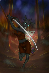 Size: 1280x1920 | Tagged: safe, artist:nikameowbb, alicorn, changeling, anthro, armor, fantasy class, female, fire, futa, intersex, mare, solo, sword, warrior, weapon