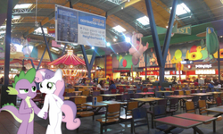 Size: 640x384 | Tagged: safe, artist:hoodie-stalker, editor:undeadponysoldier, spike, sweetie belle, dragon, human, pony, unicorn, semi-anthro, g4, american flag, arm hooves, bipedal, burger king, carousel, chair, concord mills mall, dragons in real life, female, food court, hoof on hip, irl, irl human, male, mall, mare, older, older spike, older sweetie belle, photo, pointing, ponies in real life, popeyes, ship:spikebelle, shipping, sign, straight, table
