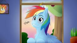 Size: 2560x1440 | Tagged: safe, artist:fuzzypones, rainbow dash, sunburst, pony, g4, blushing, female, indoors, smiling, solo, text