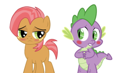 Size: 750x453 | Tagged: safe, artist:ilikki, editor:undeadponysoldier, babs seed, spike, dragon, earth pony, pony, g4, blushing, female, filly, freckles, looking at each other, male, nervous, ship:babspike, shipping, shy, simple background, straight, white background