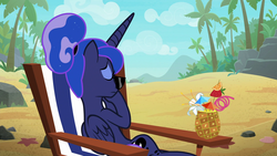 Size: 1920x1080 | Tagged: safe, screencap, princess luna, alicorn, pony, between dark and dawn, g4, alternate hairstyle, beach, drink, eyes closed, eyeshadow, female, folded wings, hair bun, lonely, makeup, mare, sad, solo, this will end in pain, this will end in sunburn, upset, we don't normally wear clothes, wings