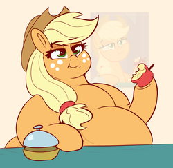Size: 2448x2384 | Tagged: safe, artist:graphenescloset, applejack, earth pony, pony, g4, alternate scene interpretation, apple, applefat, bell, belly, big belly, chubby cheeks, eating, fat, female, food, freckles, hat, herbivore, high res, mare, obese, smiling, solo