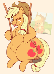 Size: 2393x3281 | Tagged: safe, artist:graphenescloset, applejack, earth pony, pony, g4, leap of faith, alternate scene interpretation, applebucking thighs, applefat, belly, belly button, fat, female, freckles, hat, high res, large butt, looking at you, one eye closed, solo, swing, thighs, thunder thighs, tongue out, wink