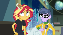 Size: 1280x720 | Tagged: safe, screencap, micro chips, sunset shimmer, all the world's off stage, all the world's off stage: micro chips, equestria girls, g4, my little pony equestria girls: better together, clothes, cyoa, director shimmer, female, glasses, male