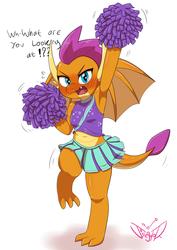 Size: 2480x3508 | Tagged: safe, artist:jeglegator, smolder, dragon, 2 4 6 greaaat, armpits, belly button, blushing, blushing profusely, cheerleader outfit, cheerleader smolder, clothes, cute, dragoness, female, implied perversion, midriff, miniskirt, moe, pleated skirt, skirt, smolderbetes, smoldere, solo, tsundere