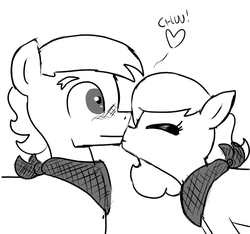 Size: 640x600 | Tagged: safe, artist:ficficponyfic, oc, oc only, oc:emerald jewel, oc:giles pecan, earth pony, pony, colt quest, :|, age difference, blushing, colt, colt on stallion, cute, cyoa, eyes closed, foal, gay, heart, kissing, male, onomatopoeia, sound effects, stallion, story included, teenager