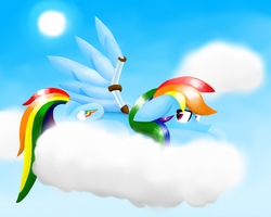 Size: 2500x2000 | Tagged: safe, artist:mutant-horsies, rainbow dash, pegasus, pony, g4, cloud, female, high res, injured, mare, solo, wings