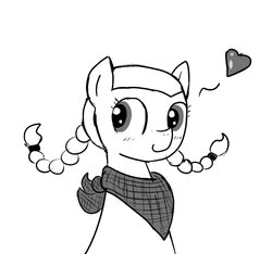 Size: 640x600 | Tagged: safe, artist:ficficponyfic, oc, oc only, oc:emerald jewel, earth pony, pony, colt quest, bandana, blushing, child, colt, cute, cyoa, foal, heart, male, monochrome, pigtails, solo, story included