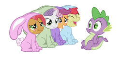 Size: 750x358 | Tagged: safe, artist:jolteongirl, editor:undeadponysoldier, apple bloom, babs seed, scootaloo, spike, sweetie belle, dragon, earth pony, pegasus, pony, unicorn, g4, animal costume, bunny costume, clothes, confused, costume, cute, cutealoo, cutie mark crusaders, diasweetes, female, filly, male, simple background, sitting, white background