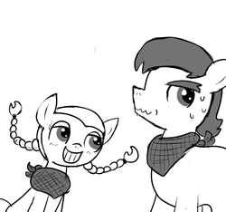 Size: 640x600 | Tagged: safe, artist:ficficponyfic, oc, oc only, oc:emerald jewel, oc:giles pecan, earth pony, pony, colt quest, bandana, bedroom eyes, blushing, child, colt, cyoa, flirting, foal, grin, looking away, male, monochrome, pigtails, smiling, story included, sweat, sweating profusely, teenager, wavy mouth
