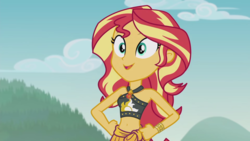 Size: 1920x1080 | Tagged: safe, screencap, sunset shimmer, equestria girls, g4, my little pony equestria girls: better together, unsolved selfie mysteries, belly button, cute, female, geode of empathy, geode of fauna, geode of shielding, geode of sugar bombs, geode of super speed, geode of super strength, geode of telekinesis, magical geodes, sarong, shimmerbetes, sleeveless, smiling, solo