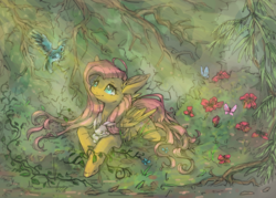 Size: 1400x1000 | Tagged: safe, artist:dybafeahr, fluttershy, bird, butterfly, pegasus, pony, rabbit, g4, animal, female, flower, folded wings, forest, looking at something, looking up, mare, outdoors, prone, solo, three quarter view, vine, wings