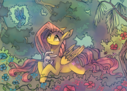 Size: 1200x857 | Tagged: safe, artist:dybafeahr, fluttershy, bird, butterfly, pegasus, pony, rabbit, g4, animal, female, flower, folded wings, forest, looking at something, looking up, mare, outdoors, prone, solo, three quarter view, vine, wings