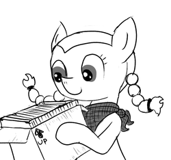 Size: 640x600 | Tagged: safe, artist:ficficponyfic, oc, oc only, oc:emerald jewel, earth pony, pony, colt quest, bandana, box, child, colt, cute, cyoa, files, foal, male, monochrome, pigtails, smiling, solo, story included