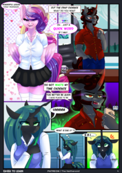Size: 1476x2084 | Tagged: safe, artist:theneithervoid, king sombra, princess cadance, queen chrysalis, anthro, comic:eager to learn, g4, bedroom eyes, cellphone, clothes, comic, magic, phone, school, stockings, student, thigh highs, uniform