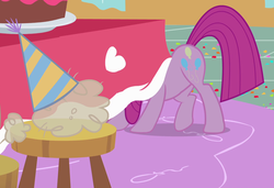 Size: 1170x801 | Tagged: safe, screencap, madame leflour, pinkie pie, earth pony, pony, g4, party of one, season 1, cake, chair, cropped, female, flour, food, hiding, mare, pinkamena diane pie, solo, table, under the table