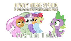 Size: 750x432 | Tagged: safe, artist:jolteongirl, editor:undeadponysoldier, apple bloom, babs seed, scootaloo, spike, sweetie belle, dragon, pony, g4, adorabloom, animal costume, best friends, bunny costume, clothes, costume, cute, cutealoo, cutie mark crusaders, diasweetes, excited, hanging out, happy, simple background, slumber party, spikabetes, white background