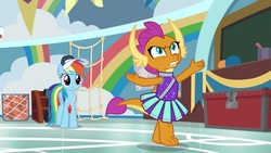 Size: 1920x1080 | Tagged: safe, screencap, rainbow dash, smolder, dragon, pegasus, pony, 2 4 6 greaaat, g4, cap, cheerleader outfit, cheerleader smolder, claws, clothes, coach, coach rainbow dash, dragoness, female, folded wings, gym, hat, horns, mare, smolder is not amused, teenaged dragon, teenager, toes, unamused, whistle, whistle necklace, wings