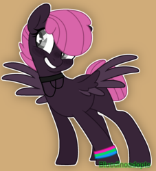 Size: 1334x1470 | Tagged: safe, artist:bluedinoadopts, oc, oc only, oc:flight finesse, pegasus, pony, blank flank, blushing, brown background, choker, female, grin, mare, polysexual, polysexual pride flag, simple background, smiling, solo, spread wings, starry eyes, watermark, wingding eyes, wings, wristband