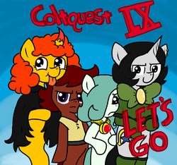 Size: 640x600 | Tagged: safe, artist:ficficponyfic, oc, oc only, oc:emerald jewel, oc:joyride, oc:pipadeaxkor, oc:ruby rouge, demon, earth pony, pony, unicorn, colt quest, adult, amulet, clothes, color, colt, cute, cyoa, female, filly, foal, horn, jewelry, jojo pose, jojo's bizarre adventure, leggings, male, mantle, mare, recap, shirt, story included, text, title card