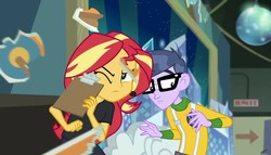 Size: 1263x720 | Tagged: safe, screencap, micro chips, sunset shimmer, all the world's off stage, all the world's off stage: micro chips, equestria girls, g4, my little pony equestria girls: better together, clothes, cyoa, female, glasses, male, one eye closed