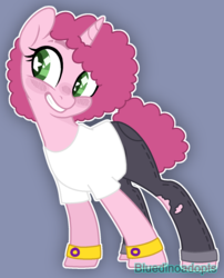 Size: 1196x1482 | Tagged: safe, artist:bluedinoadopts, oc, oc only, oc:sugary fluff, pony, unicorn, blue background, blushing, clothes, female, grin, intersex, intersex pride flag, jeans, mare, pants, shirt, simple background, smiling, solo, starry eyes, t-shirt, torn clothes, watermark, wingding eyes, wristband