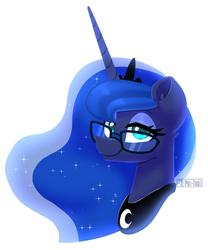 Size: 1037x1246 | Tagged: safe, artist:puetsua, princess luna, alicorn, pony, g4, bust, ear fluff, female, glasses, jewelry, lidded eyes, looking at you, mare, peytral, portrait, regalia, simple background, smiling, solo, white background