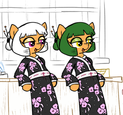 Size: 640x600 | Tagged: editor needed, safe, artist:ficficponyfic, color edit, edit, oc, oc only, oc:aji sushi, pony, colt quest, clothes, color, colored, cyoa, female, hair bun, kimono (clothing), mare, solo, spy, story included, tail wrap