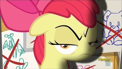 Size: 1280x720 | Tagged: safe, screencap, apple bloom, earth pony, pony, g4, on your marks, angry, apple bloom is not amused, bow, crossed out, discovery family logo, female, filly, lidded eyes, looking at you, solo, unamused