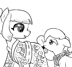 Size: 640x600 | Tagged: safe, artist:ficficponyfic, oc, oc only, oc:aji sushi, oc:emerald jewel, pony, colt quest, bandana, bedroom eyes, clothes, cyoa, eyeshadow, kimono (clothing), makeup, monochrome, pigtails, story included, tail wrap