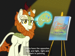 Size: 1440x1080 | Tagged: safe, artist:anonymous, autumn blaze, kirin, g4, animated, bob ross, canvas, color palette, drawthread, easel, female, mountain, paint, paintbrush, ponified, requested art, river, solo, sound, spotlight, sun, text, tree, water, webm