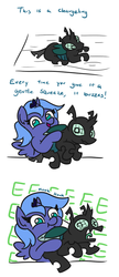 Size: 463x1071 | Tagged: safe, artist:jargon scott, princess luna, changeling, pony, g4, chubby cheeks, comic, compound eyes, cute, dialogue, eeee, female, filly, holding a changeling, holding a pony, honk, looking at you, lunabetes, open mouth, prone, screech, squeezing, woona, younger