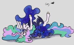 Size: 4160x2538 | Tagged: safe, artist:greyscaleart, princess celestia, princess luna, alicorn, pony, g4, constellation, constellation freckles, constellation hair, cuddle puddle, cuddling, cute, cutelestia, duo, ethereal mane, eyes closed, female, freckles, greyscaleart is trying to murder us, hoof shoes, jewelry, laughing, lunabetes, majestic as fuck, mare, pony pile, regalia, royal sisters, siblings, simple background, sisters, starry mane, white background