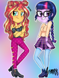 Size: 768x1024 | Tagged: safe, alternate version, artist:artmlpk, sci-twi, sunset shimmer, twilight sparkle, equestria girls, g4, alternate design, alternate hairstyle, blushing, boots, braid, clothes, crossed arms, curly hair, cute, design, digital art, duo, female, glasses, hair bun, long socks, miniskirt, ripped pants, shimmerbetes, shoes, skirt, smiling, smirk, smugset shimmer, socks, thigh highs, thigh socks, trendy style, twiabetes