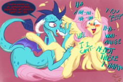 Size: 2400x1600 | Tagged: safe, artist:frist44, fluttershy, princess ember, dragon, pegasus, pony, g4, blushing, crying, duo, embershy, female, laughing, lesbian, shipping, tears of laughter, tickling, ticklish wings, wings