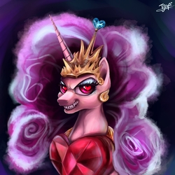 Size: 1500x1500 | Tagged: safe, artist:tijopi, princess cadance, alicorn, pony, g4, bust, creepy, digital painting, ethereal mane, evil smile, female, grin, heart eyes, nightmare cadance, nightmare heart, nightmarified, portrait, sharp teeth, signature, smiling, solo, teeth, wingding eyes