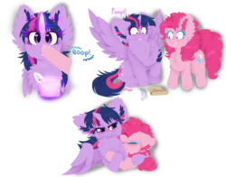 Size: 1009x792 | Tagged: safe, artist:vanillaswirl6, pinkie pie, twilight sparkle, alicorn, earth pony, pony, g4, blushing, boop, bust, chest fluff, duo, ear fluff, female, fluffy, implied lesbian, implied shipping, implied twinkie, impossibly large chest fluff, mare, pomf, quill, scroll, simple background, spread wings, transparent background, twilight sparkle (alicorn), wingboner, wings