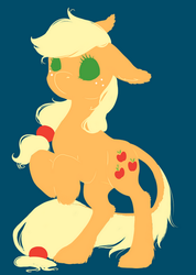 Size: 355x500 | Tagged: safe, artist:blueamaryllis, part of a set, applejack, earth pony, pony, g4, blue background, cutie mark, ear fluff, female, floppy ears, hatless, mare, missing accessory, no pupils, rearing, simple background, solo