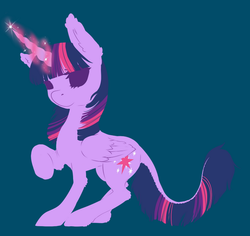 Size: 548x517 | Tagged: safe, artist:blueamaryllis, part of a set, twilight sparkle, alicorn, pony, g4, blue background, curved horn, cutie mark, ear fluff, female, glowing horn, horn, leonine tail, mare, no pupils, raised hoof, simple background, solo, twilight sparkle (alicorn)