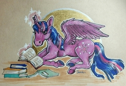 Size: 2794x1905 | Tagged: safe, artist:tanukiri, twilight sparkle, alicorn, pony, g4, abstract background, book, female, glowing horn, hoers, horn, magic, mare, prone, realistic, rearing, solo, spread wings, telekinesis, traditional art, twilight sparkle (alicorn), wings