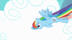Size: 1280x720 | Tagged: safe, screencap, rainbow dash, pegasus, pony, g4, cloud, female, flying, intro, mare, opening, sky, solo, theme song